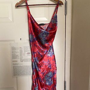 PLT Silky, Satin, Cowl Neck, Asymmetrical Dress